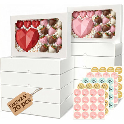 20 boîtes à biscuits avec fenêtre de 12 x 8 x 2,5 pouces, grandes boîtes de boulangerie, boîte à friandises à dessert avec pop-up, fraises recouvertes de chocolat, cœur cassable, pâtisseries, Cajas Para Postres avec 80 autocollants