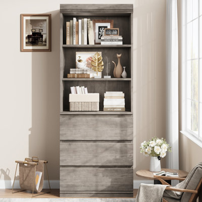 70" Tall Bookcase with 3 Drawers, Farmhouse Open Bookshelf Storage Cabinet with Display Shelves for Living Room, Home Office