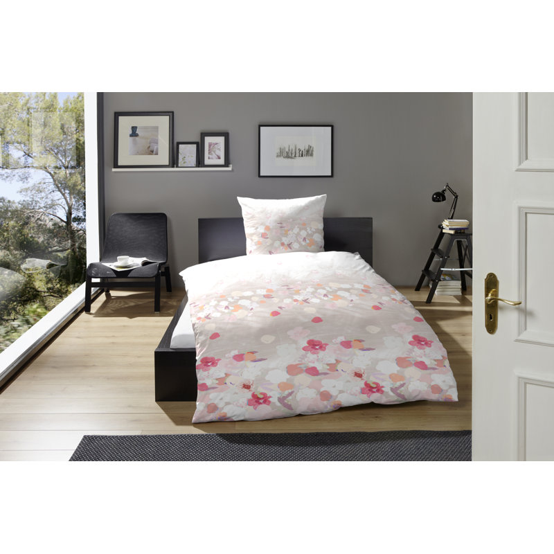 Baca Percale Reversible Duvet Cover Set, 155 x 220 cm - 1 Pillowcase (80 x 80 cm), Taupe/Pink