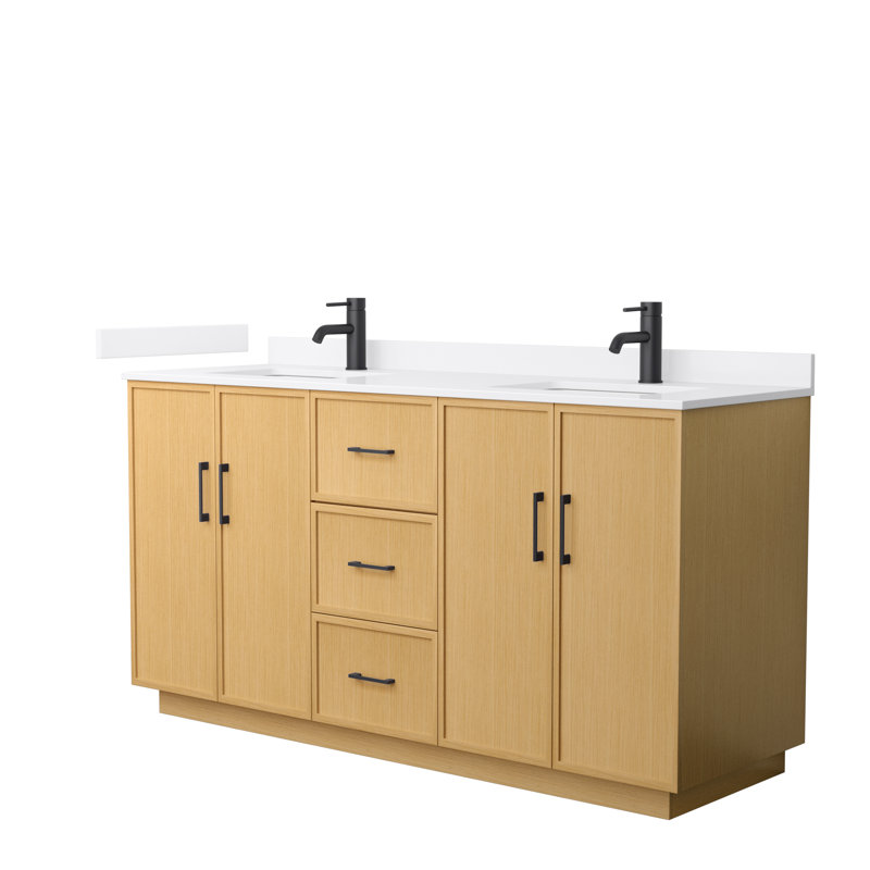 Elan TK 66" Freestanding Double Bathroom Vanity with Quartz Top, White Quartz, Light Oak, Matte Black