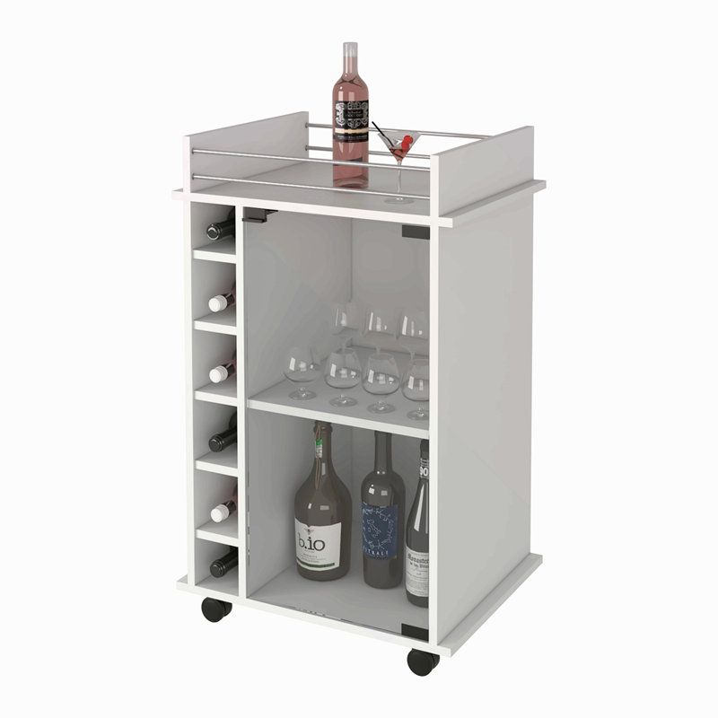 Chariot-bar, armoire à deux niveaux avec porte en verre, six casiers pour boissons alcoolisées, Blanc