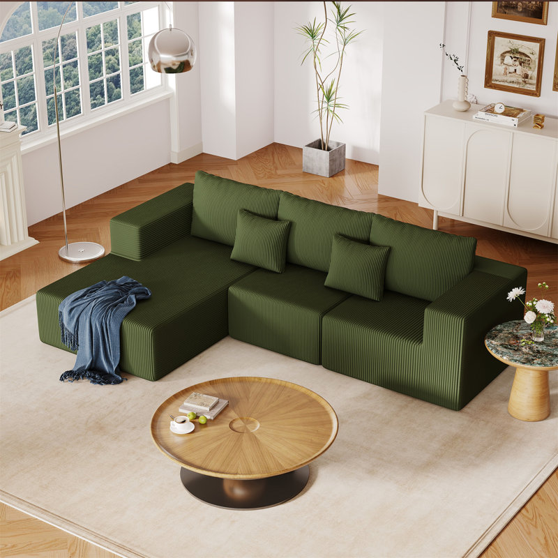 108.3" Sectional Foam Couch, Green Corduroy