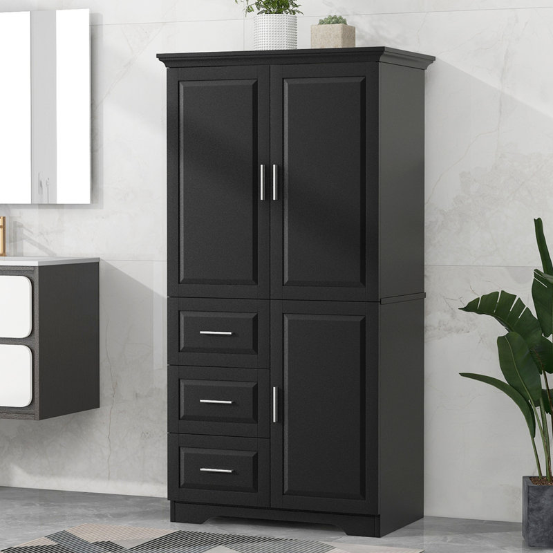 Armoire de rangement haute et large avec portes pour salle de bain / bureau, trois tiroirs, Noir