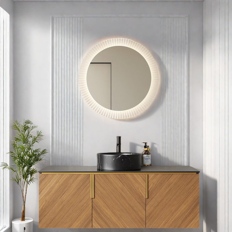 Meuble-lavabo mural moderne avec lavabo, contreplaqué durable, pierre frittée noire, grain de chêne brun