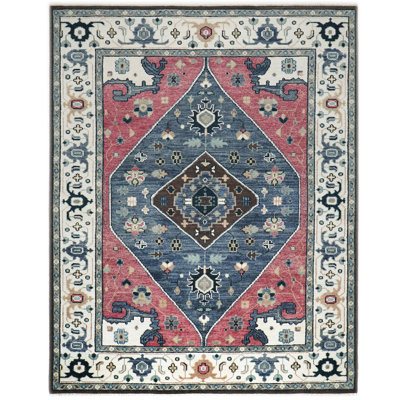 Tapis traditionnel rose en laine noué à la main 9 x 11 pi 11 po bleu Oushak