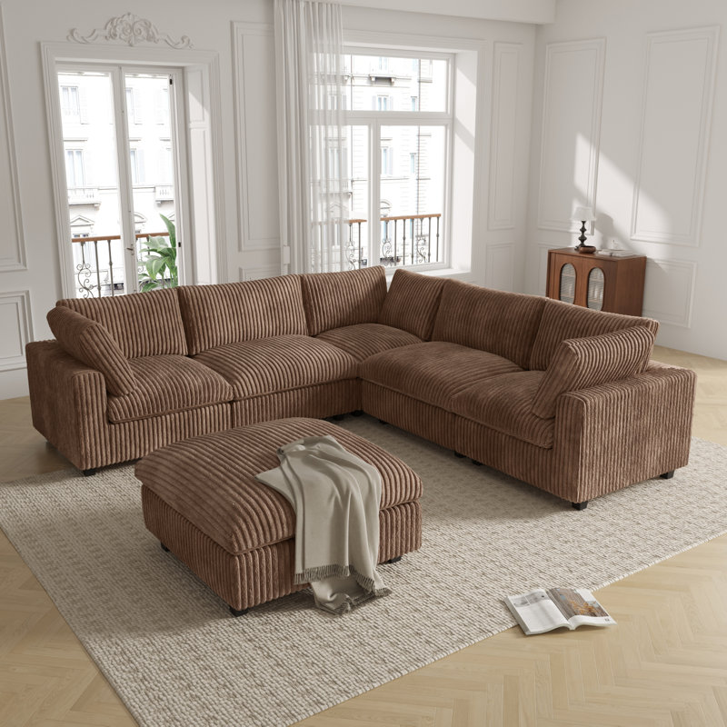 6 - Piece Upholstered Sectional With Ottoman, Brown Faux Fur