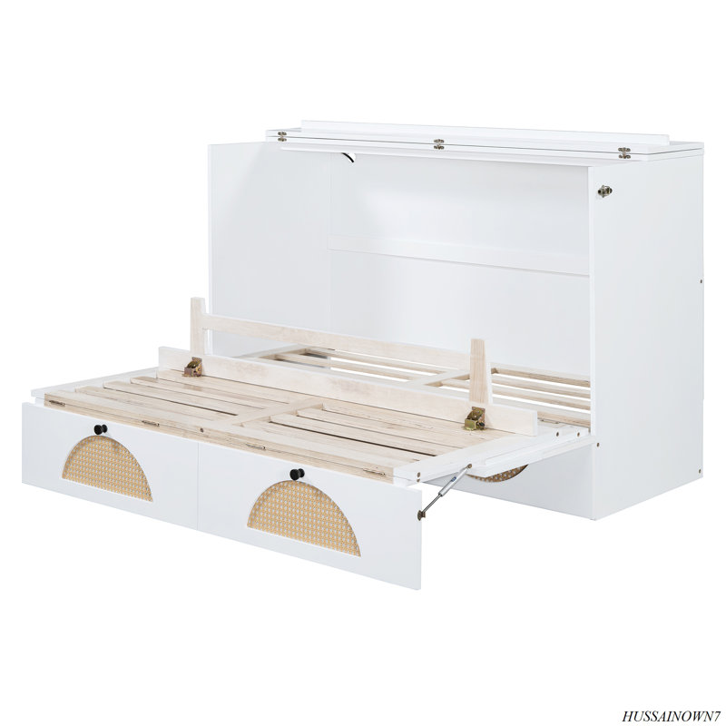 White Queen Murphy Bed with Rattan Headboard and Storage Drawer