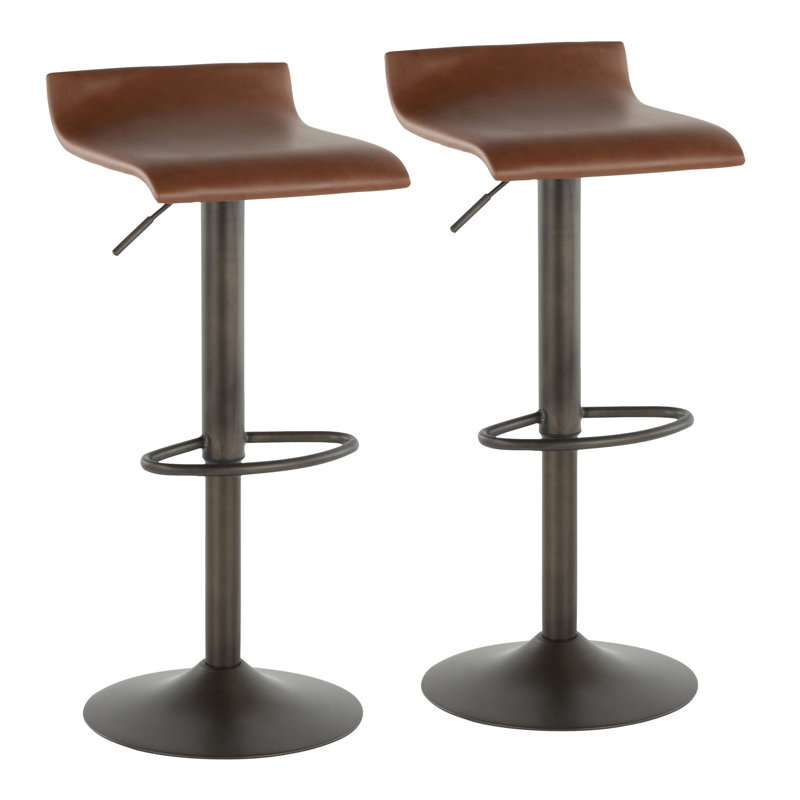 Industrial Barstool In Antique Metal And Brown Faux Leather By  - Set Of 2