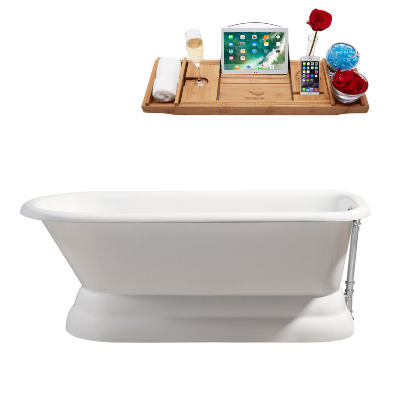 66" Streamline Freestanding Soaking Cast Iron Bathtub With Bamboo Tray, Polished Chrome