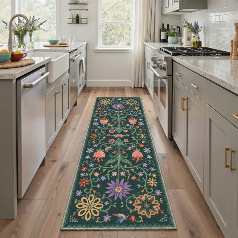 Aasen Veridian Floral Machine Washable Green / Yellow / Pink / Purple Indoor Area Rug with Non-Slip Backing, Runner 2'6" x 8'