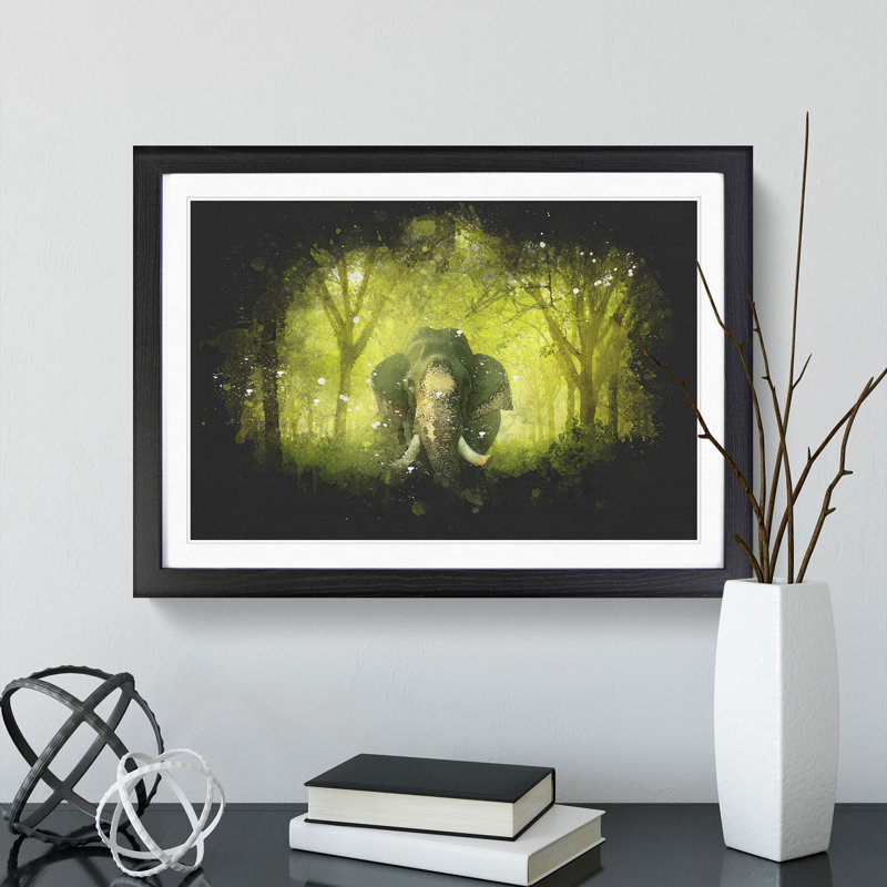 Marvellous Elephant in a Green Forest - Picture Frame Painting Print, 62cm H x 87cm W x 2cm D, Black Framed