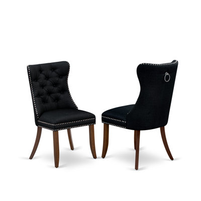 Parson Dining Chairs with Button Tufted Back & Pull Handle, Solid Wood Legs, Nailhead Trim, Black Polyester Fabric Upholstered Kitchen Chairs, Set of 2, Espresso