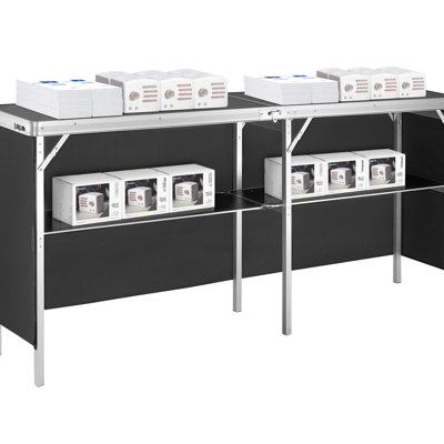 Grand comptoir d'exposition pliable avec étagère de rangement et étui de transport et jupe noire, idéal pour les pique-niques à l'intérieur ou à l'extérieur, en alliage d'aluminium de haute qualité