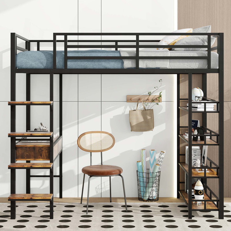 Lit mezzanine en métal avec bureau et tablettes, Lit simple