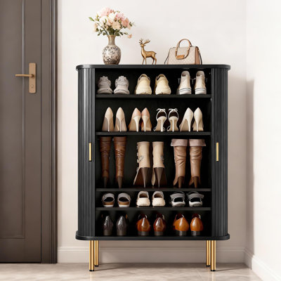 Armoire de rangement à chaussures Mid-Century moderne à 6 niveaux - porte coulissante et tablettes réglables, organisateur autoportant pour entrée / couloir / salon (noir, 31,5 po)