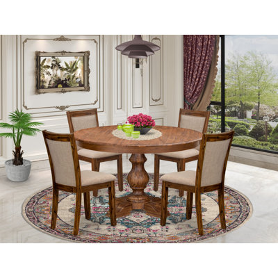 L'ensemble de salle à manger 5 pièces se compose d'une table de cuisine à piédestal et de 4 chaises de cuisine en lin brun clair avec dossier rembourré - noyer antique