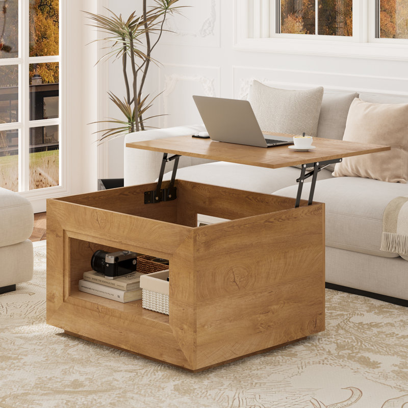 LED Lift-Top Square Coffee Table, Natural Wood