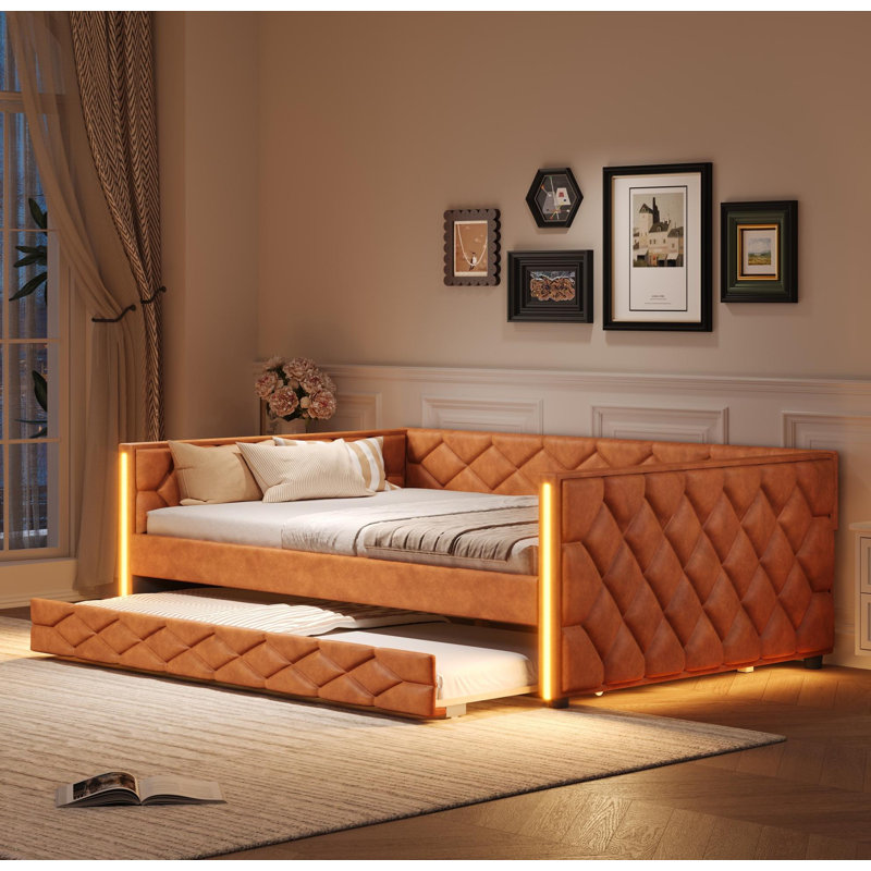Full XL Size Upholstered Daybed With Trundle And LED, Brown