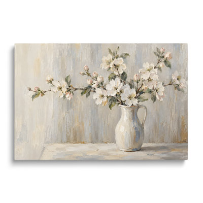 Multicolor Canvas Still Life Oil Painting, Painterly Vase and White Flowers Wall Art for Living Room Dining Room and Bedroom