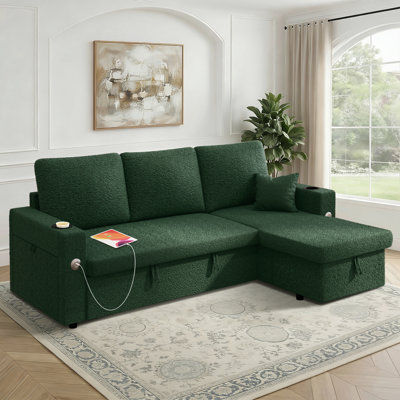 Sleeper Sofa, 82 Inch Pull Out Sofa Bed with Reversible Storage Chaise, USB & Type-C Charging, Hidden Cup Holders, L Shaped Sectional Couch for Living Room, Apartment, Small Space