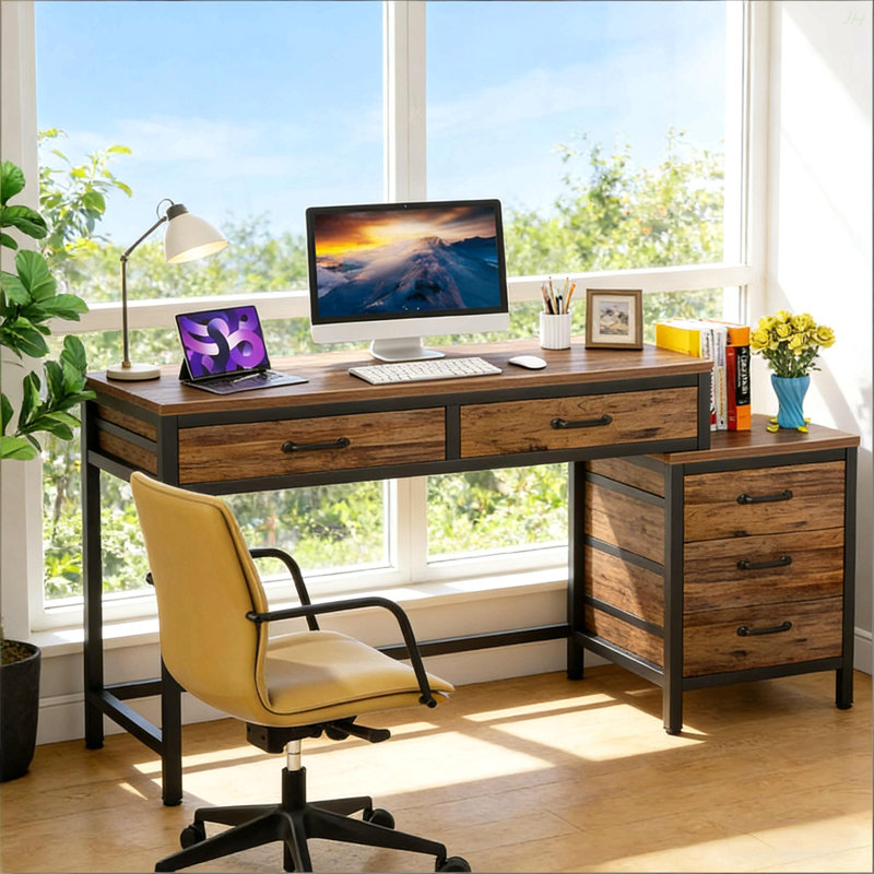 Bureau de style industriel, bureau d'ordinateur, table d'écriture, Brun rustique