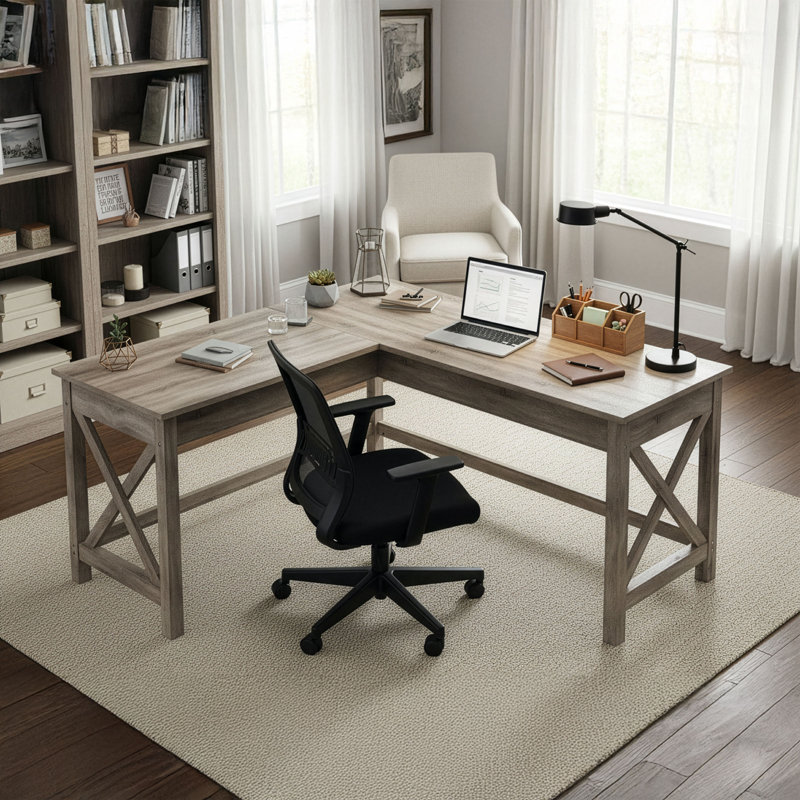 Lavish Home L-Shaped with X-Pattern Legs Computer Desk, Light Gray Finish, Light Gray