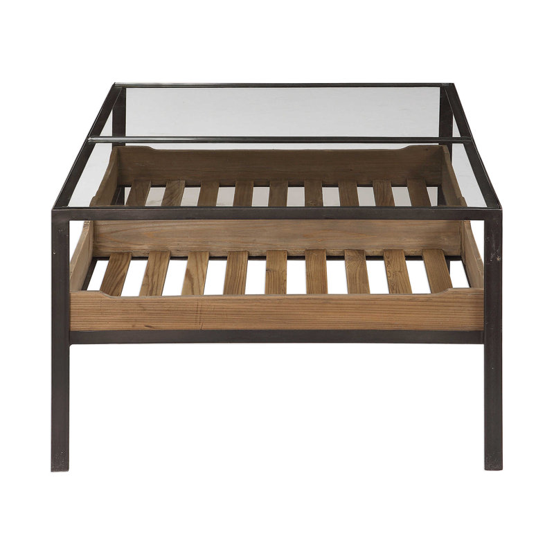 Reclaimed Pine and Glass Coffee Table with Storage Trays