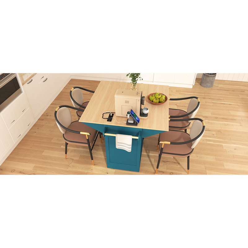 55.7'' Large Kitchen Island With 2 Drop Leaf,, Rolling Kitchen Cart On 5 Wheels With Power Outlet, Folding Storage Dining Table With Spice & Towel Rack , 3 Drawers, For Kitchen, Dining Room