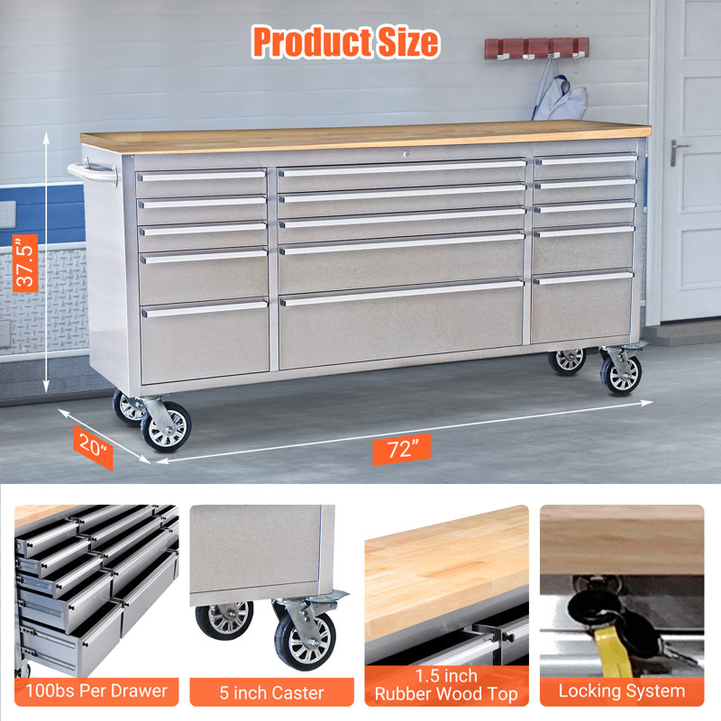 72'' Rolling Tool Chest with 15 Drawers and Wheels, Heavy-Duty Tool Cabinet, Mobile Workbench for Garage, Repair Shop and Tool Room, Stainless Steel Storage, Silver
