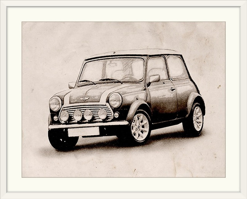 «Mini Cooper Sketch» par Deschamps, impression, H 26 po x l 32 po x P 1 po, Cadre blanc