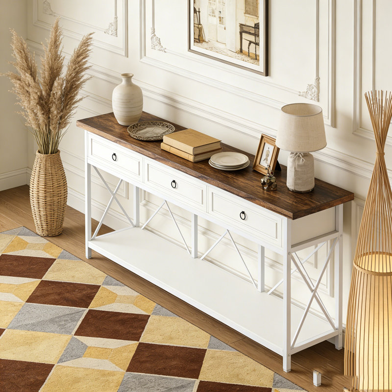 Table console à 3 tiroirs avec vestibule et tablette de rangement, White & Brown