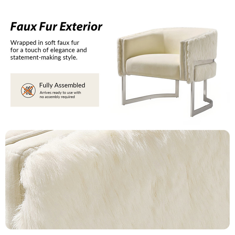 Rosetta 31" W Glam Faux Fur Fully Assembled Barrel Chair with Highly Polished Steel Legs, Ivory