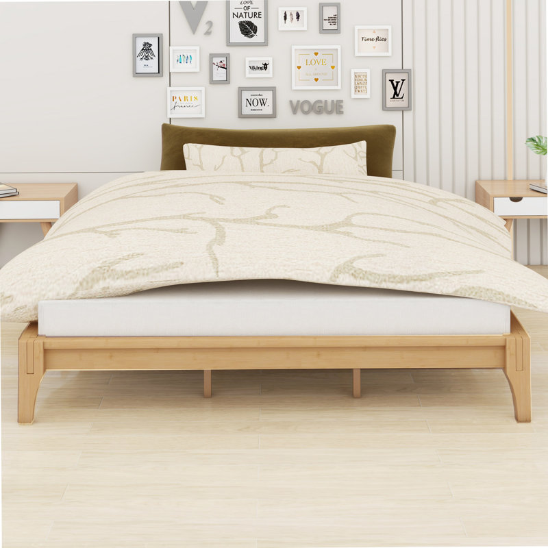 Structure de lit plateforme en bois classique, système de support à lattes en bois stable, aucun sommier requis, Naturel