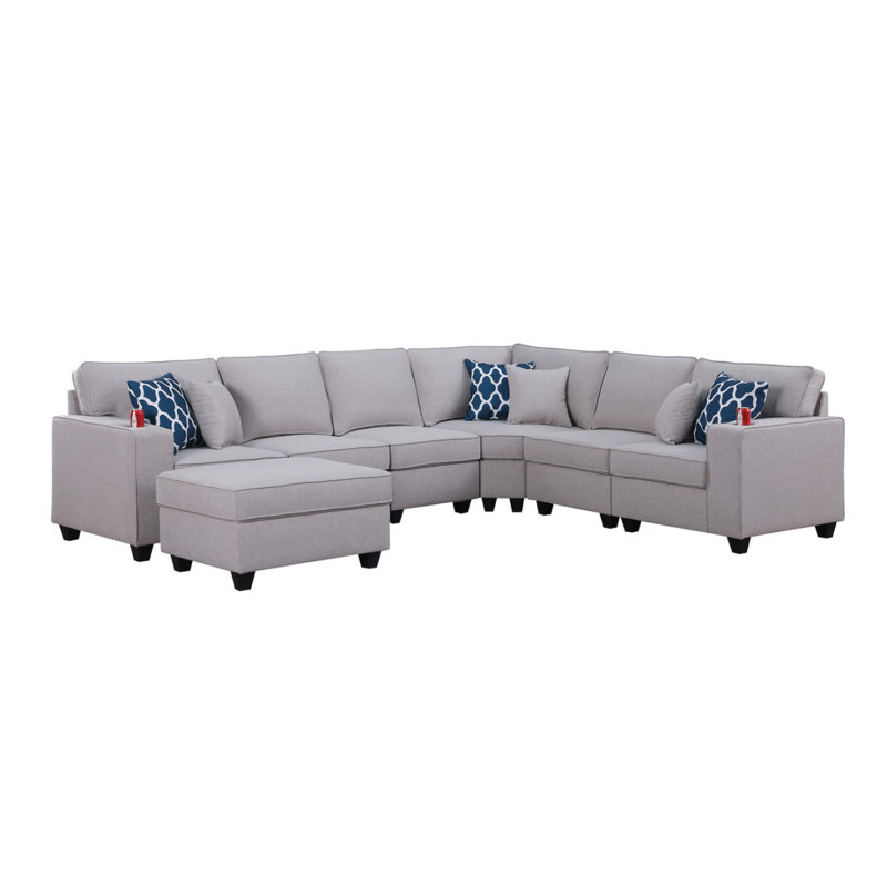 Canapé modulaire en L réversible avec repose-pieds et porte-gobelet en lin de 125 po 7 pièces Boneless Cooper, Gris clair