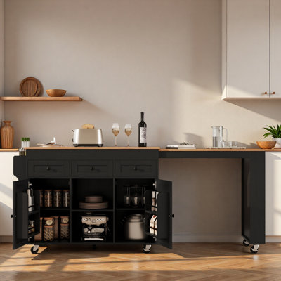 Rolling Kitchen Island With Extendable Dining Table, Charging Station, Three-tier Open Side Storage Rack, 3 Drawers And 2 Storage Cabinets by Lark Manor