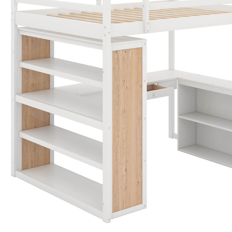 Lit mezzanine double avec tablettes et bureau, Blanc