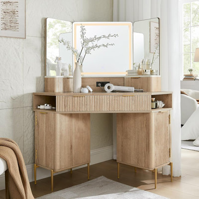 48'' Fluted Makeup Vanity Desk With HD Triple Mirror And Lights, Large Lighted Corner Vanity With Glass Top, Modern Dressing Table With 3 Drawers & 2 Cabinets For Bedroom, Natural Oak