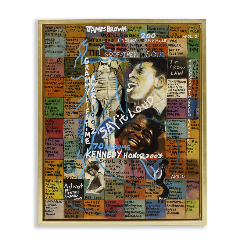 «James Brown Collage» par Sabin, H 31 po x l 25 po, Cadre flottant noir de jais