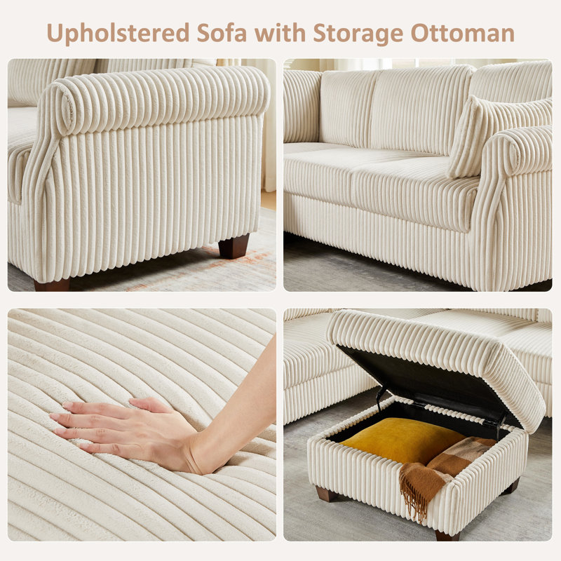 90.55’’ Upholstered Sofa With Storage Ottoman, Beige  Polyester