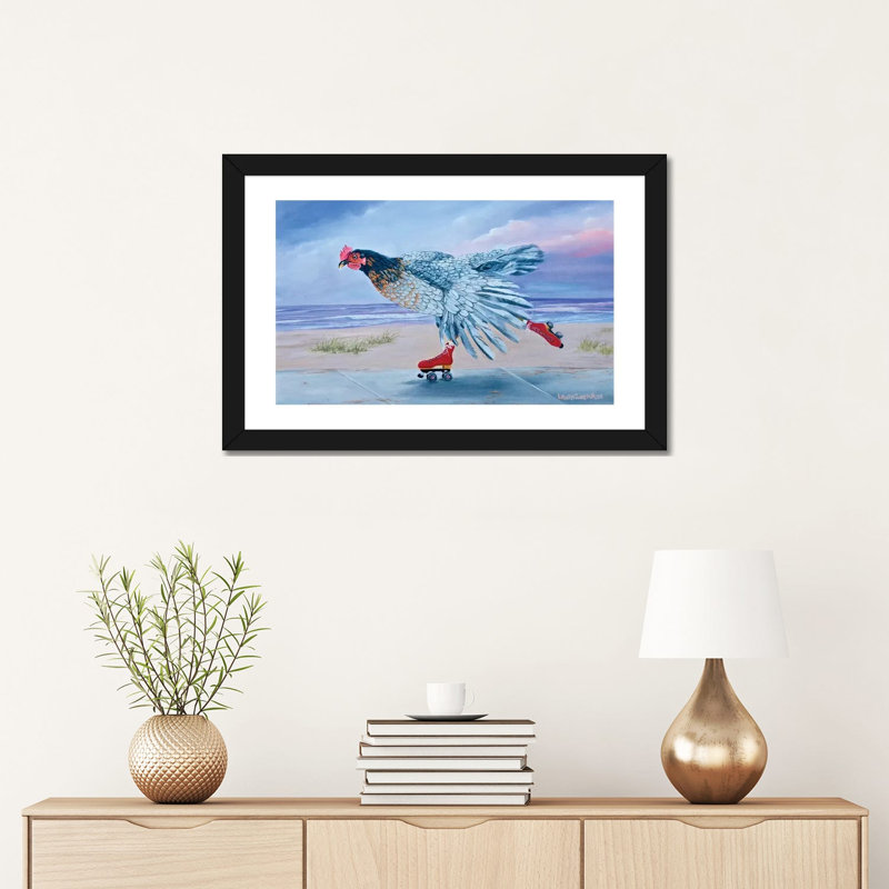 «Red Skates at the Beach» par Laura Curtin - reproduction d'art, H 16 po x l 24 po x P 1 po, Papier noir, Blanc