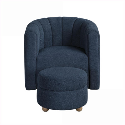 Royal Blue Boucle Swivel Accent Chair with Ottoman, Solid Wood Frame Comfortable Seating for Living Room Adults