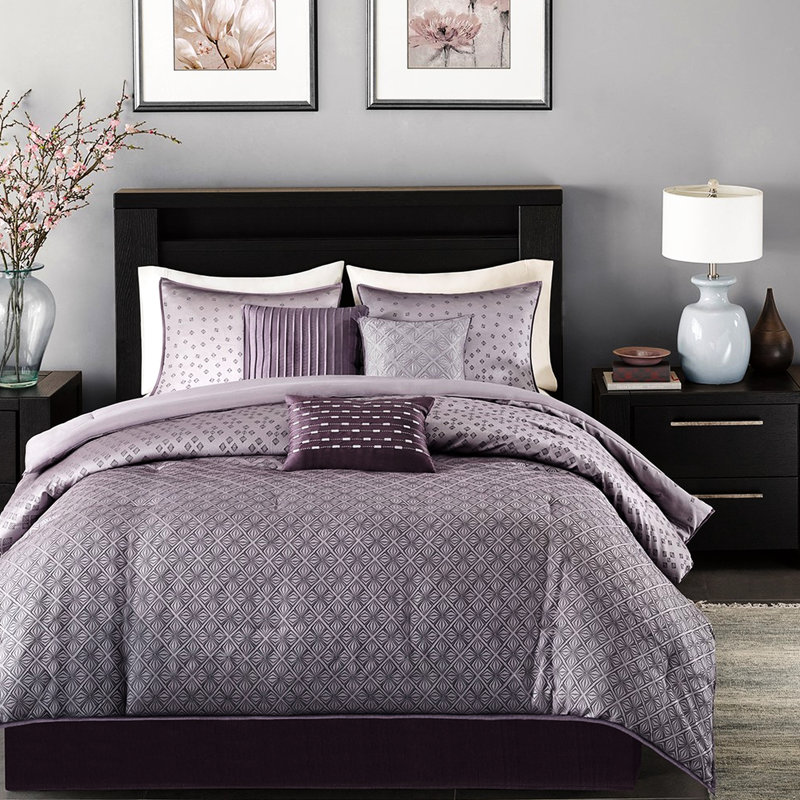Comforter - 7 Pieces, Elegant Design Piece, With Textured Pattern, Purple, Queen Comforter + 6 Additional Pieces
