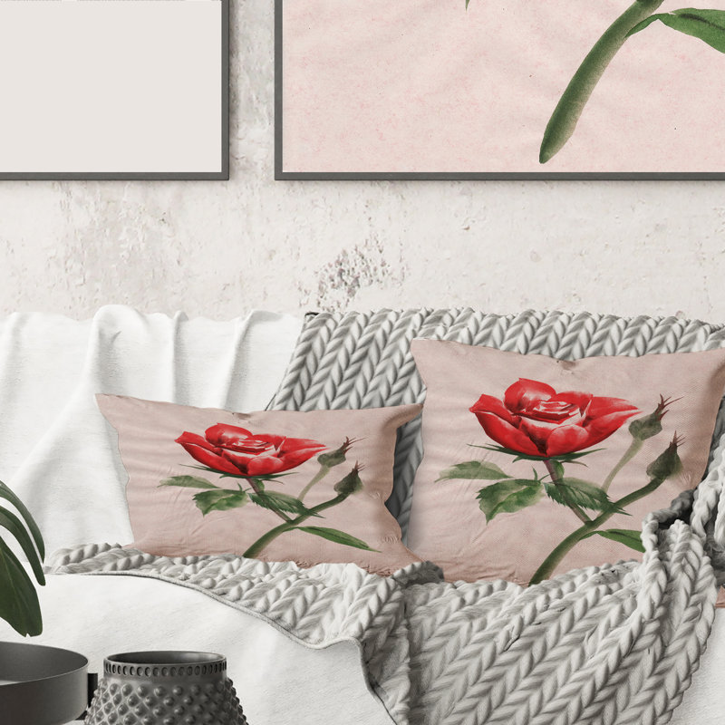 Fleur de rose rouge rétro II - coussin traditionnel imprimé