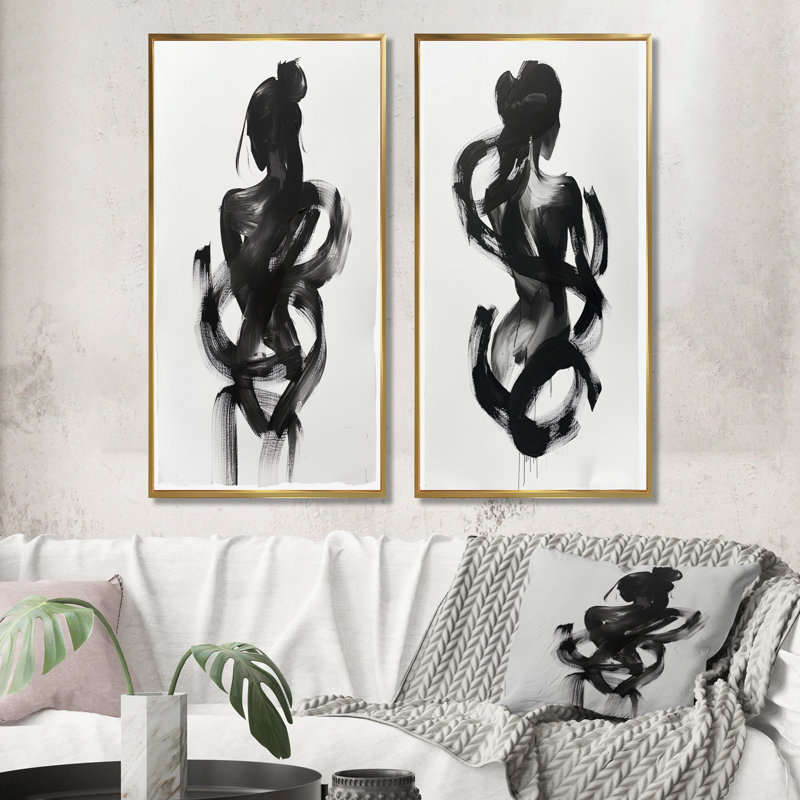 And Minimal Woman Silhouette I - Abstract Shapes Wall Art 2 Pieces Set, Gold Floater Framed, 32" H x 32" W