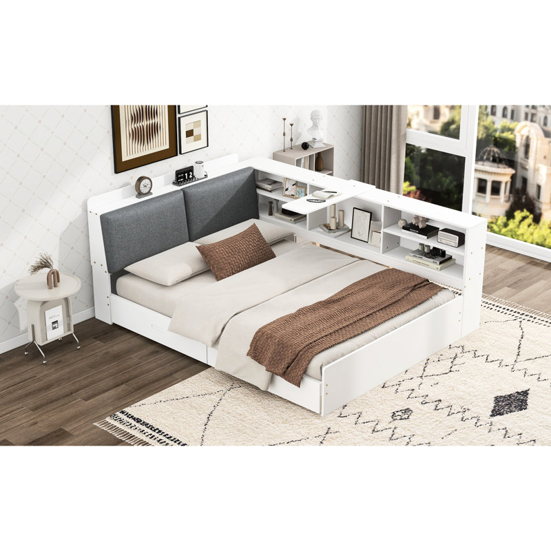 Lit plateforme en bois avec tête de lit, tablettes et 2 tiroirs, Blanc