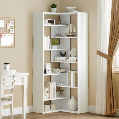 Tall L-Shaped Corner Bookcase With Baffles, Wooden Shelf For Living Room, Home Office, Or Study – White