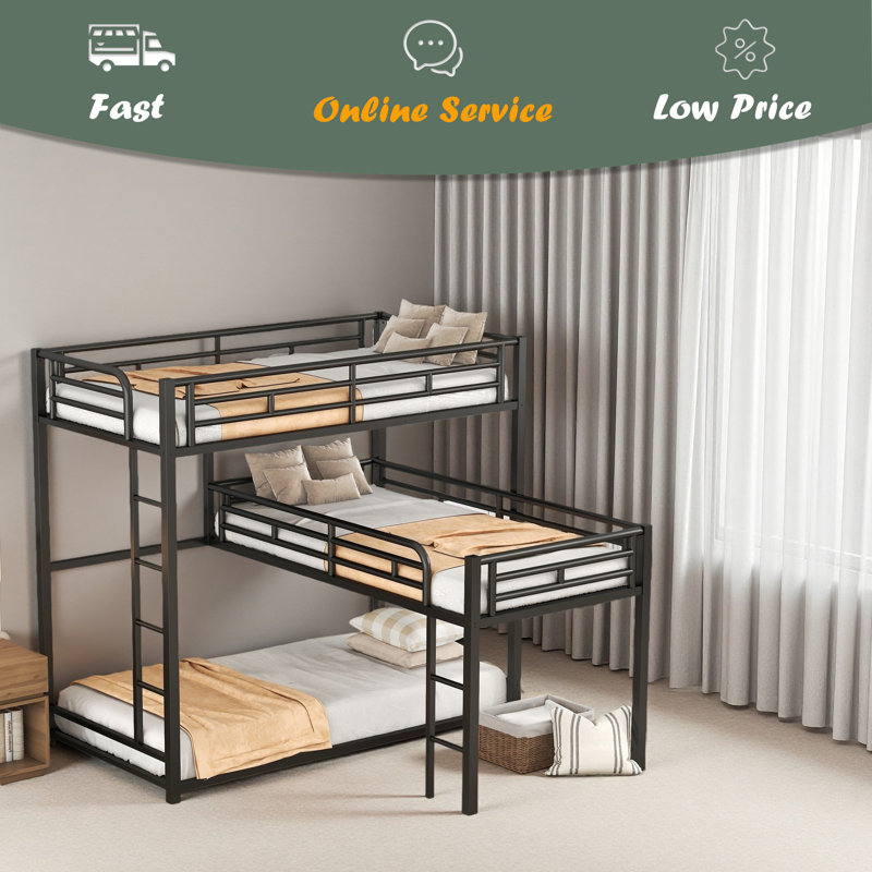 L-Shaped Metal Triple Twin Size Bunk Bed