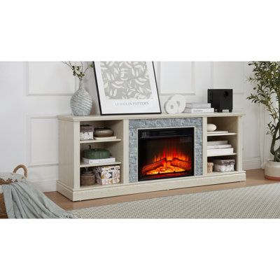 Grand support de rangement pour bureau télé en faux pierre, console média avec grand meuble de rangement, meuble télé moderne avec foyer de 23 po, blanc, l 70,12 po x P 15,35 po x H 25,83 po