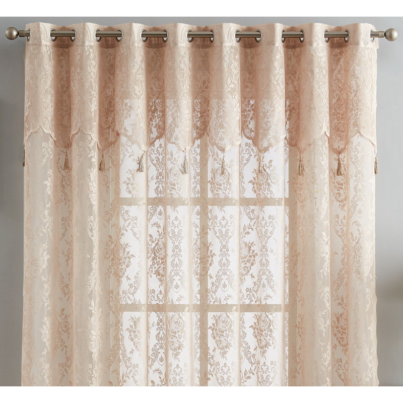 Natasa Sheer Patio Door Curtain Panel with Attached Valance and Tassels, Linen