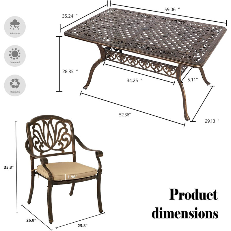 Asijah 6 - Person Patio Dining Set with Rectangular Table , Cushions Included, Beige